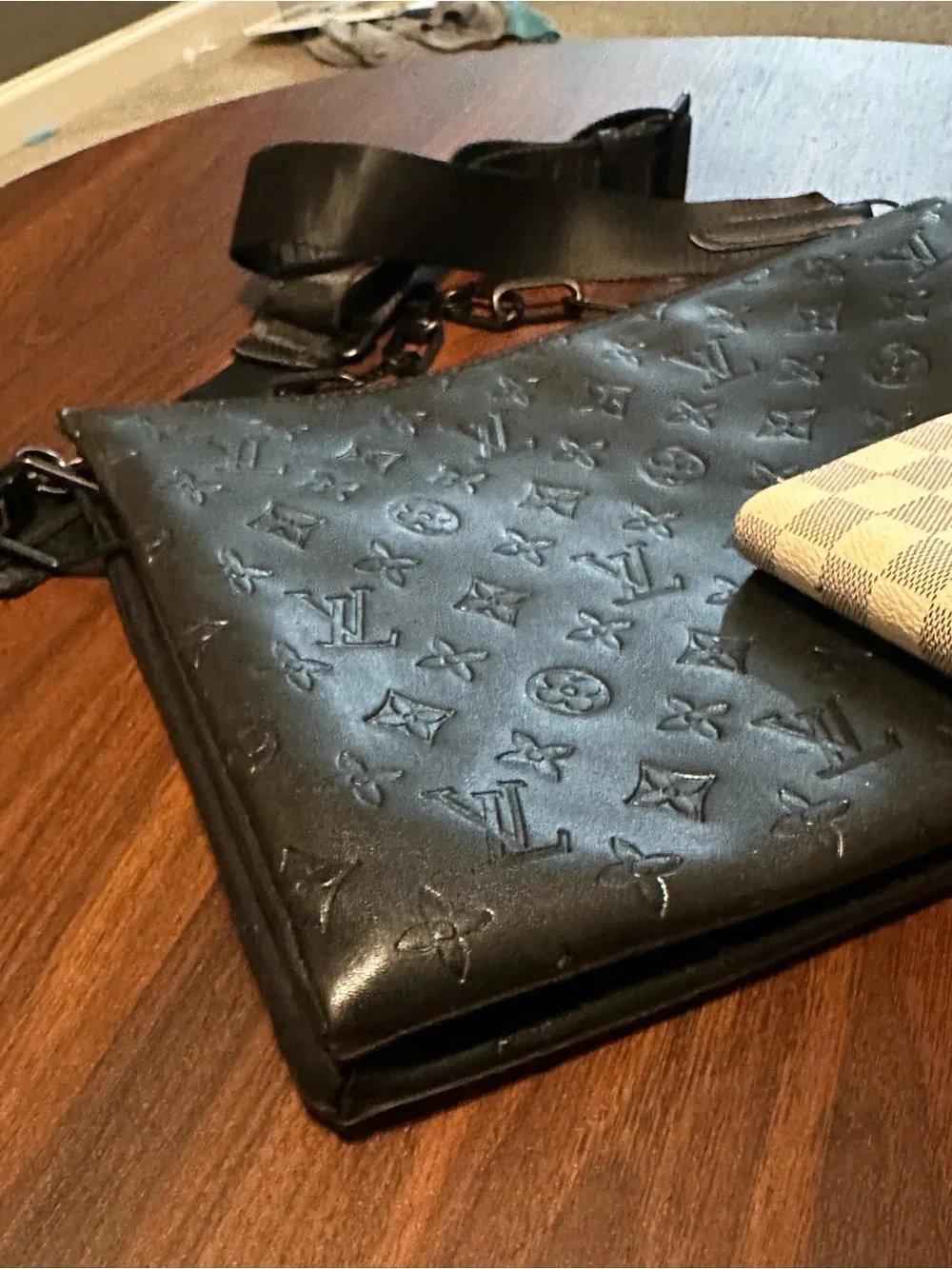 Black Embossed Monogram Messenger Pouch with Strap